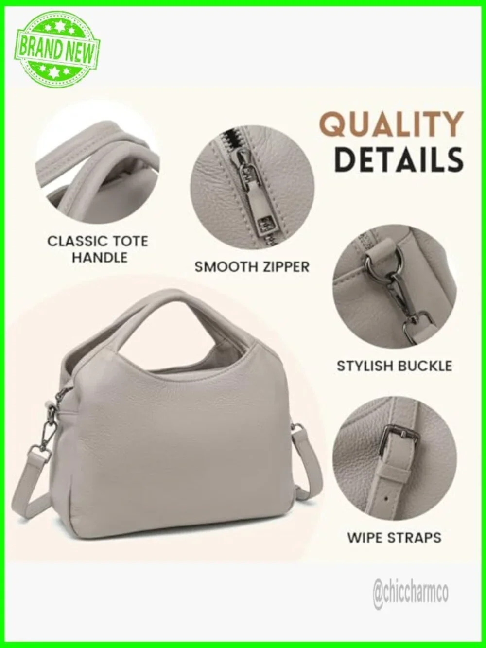 Genuine Leather Hobo Tote with Detachable Strap, 5 Compartments
